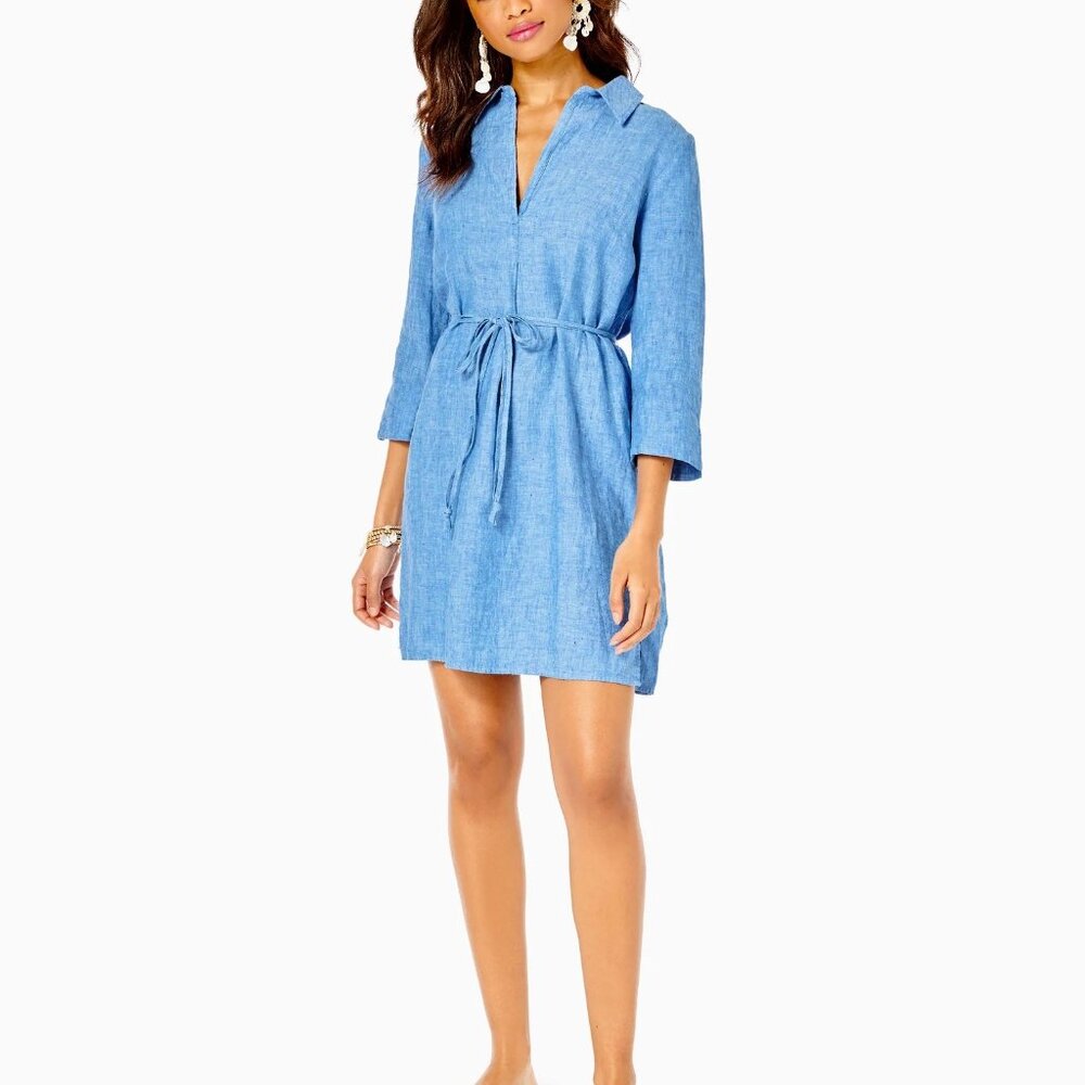 Lilly Pulitzer Pilar Linen Tunic Dress Beckon Blue X Sea Salt Blue
